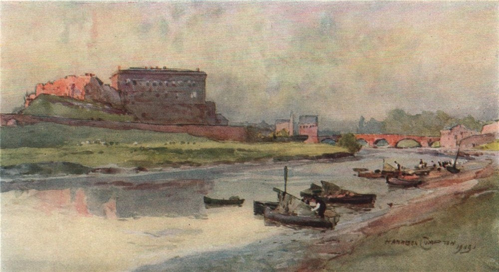 Chester Castle & bridge. Salmon-fisher's boats. Edward Harrison Compton 1910